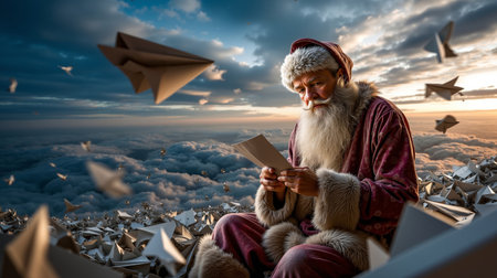 A man dressed as Santa Claus is sitting on a cloud surrounded by origami birds and reading a paperの素材