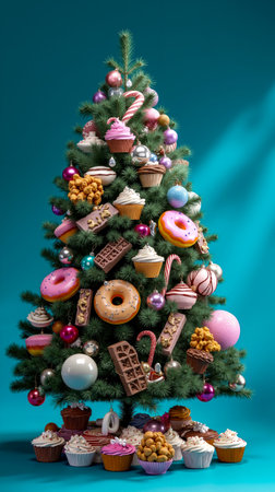 A Christmas tree decorated with various sweets and candiesの素材