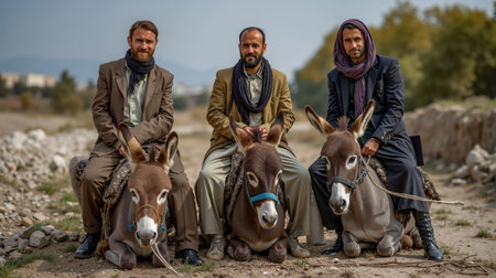 Three men in suits sitting on donkeys in a desert-like settingの素材