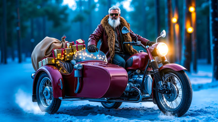 A man with a beard and sunglasses is riding a red motorcycle with a fur coat and Christmas presents on the back in a snowy forestの素材