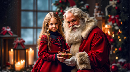 A young girl and an elderly man dressed as Santa Claus are standing in front of a Christmas treeの素材