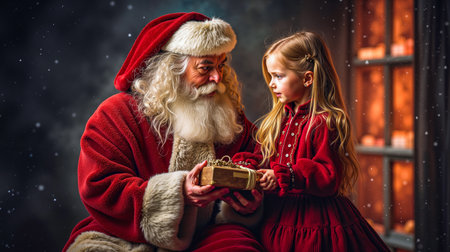A young girl is receiving a gift from Santa Clausの素材