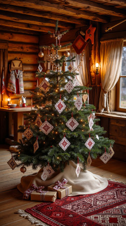 A Christmas tree decorated with ornaments and lights sitting on a red rug in a rustic wooden roomの素材