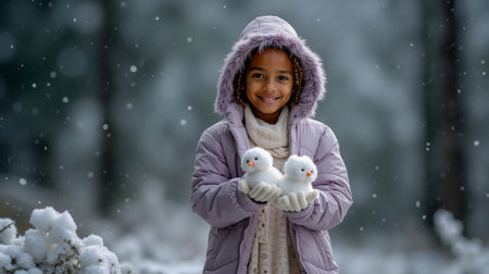 A young girl in a purple coat and hat is smiling and holding two white stuffed birdsの素材