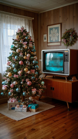 A vintage television is placed on a wooden stand in front of a Christmas tree decorated with colorful ornamentsの素材