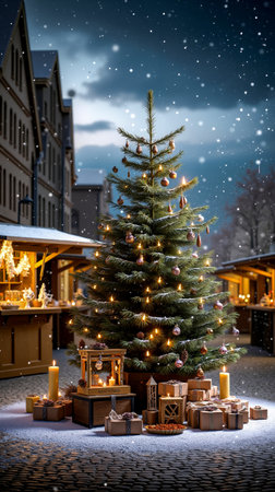 A Christmas tree decorated with lights and ornaments surrounded by wooden boxes and candles set against a snowy night skyの素材