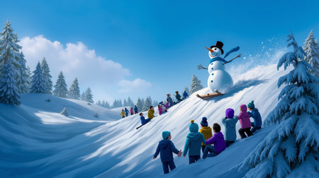 A cartoon snowman is skiing down a snowy hill surrounded by a crowd of people watchingの素材