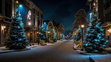 A city street at night lined with illuminated Christmas trees and buildingsの素材