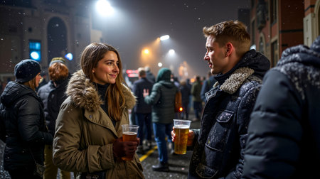 A man and woman in winter coats are standing together in a crowd holding drinks and smilingの素材