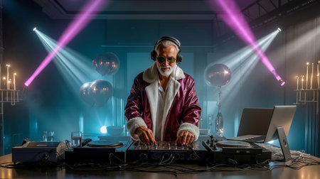 A man in a purple and white jacket is DJing at a party with a laptop balloons and a table full of equipmentの素材