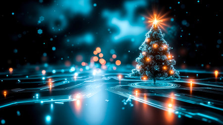 A digital illustration of a Christmas tree with lights and a star on top surrounded by a network of glowing lines and dotsの素材