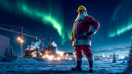 A man dressed as Santa Claus stands in front of a factory at night with the aurora borealis visible in the skyの素材