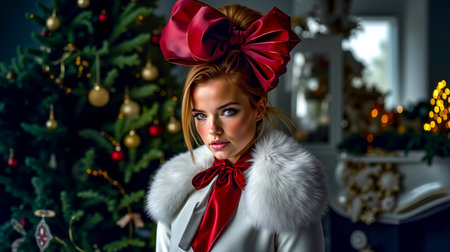 A woman with a red bow in her hair and a white fur collar looking at the cameraの素材