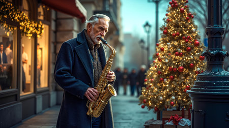 An older man in a blue coat plays a saxophone on a city street with a Christmas tree in the backgroundの素材