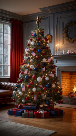 A Christmas tree decorated with red white and blue ornaments and lights sitting in front of a fireplaceの素材