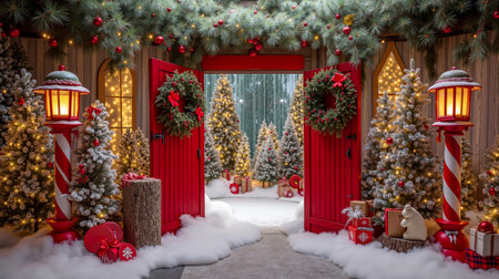 A festive Christmas scene with a red doorway snow-covered ground and decorated treesの素材