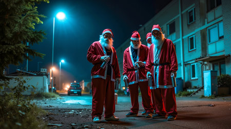 Three men dressed in red Santa Claus costumes standing on a street at nightの素材