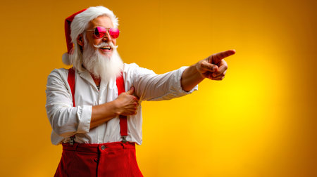A man dressed as Santa Claus is pointing with his right handの素材