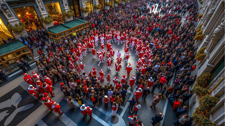 A large crowd of people in red and white costumes possibly representing a parade or a themed event gathered in a city squareの素材