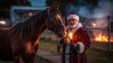 A man in a Santa Claus costume is holding a torch and standing next to a brown horseの素材