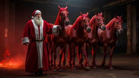 A man in a Santa Claus costume is standing between three red horsesの素材