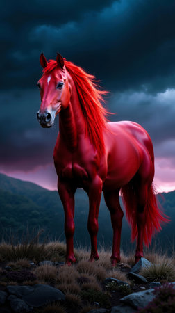 A red horse with a long mane stands on a rocky hillside under a dramatic skyの素材