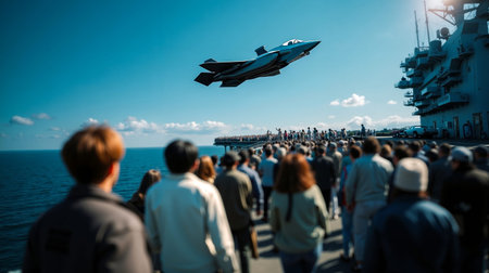 A fighter jet is flying low over a crowd of people on a deck of a shipの素材