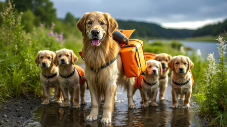 A group of golden retriever puppies with their mother standing in a shallow riverの素材