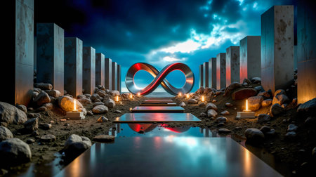 A futuristic scene with a large red infinity symbol in the center surrounded by tall dark pillars and illuminated by candlesの素材