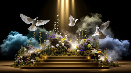 A digital artwork featuring three white doves flying over a staircase with a floral arrangement at the bottom set against a backdrop of clouds and light beamsの素材