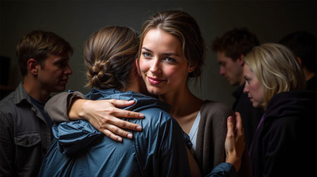 A group of people hugging each other in a dark roomの素材