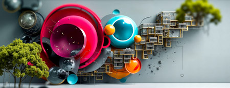 A digital artwork featuring a surreal composition of various objects and structures including a large pink and red circular object a blue and orange circular object with a face a tree and a building-like structure all set against a gray background with text and arrowsの素材
