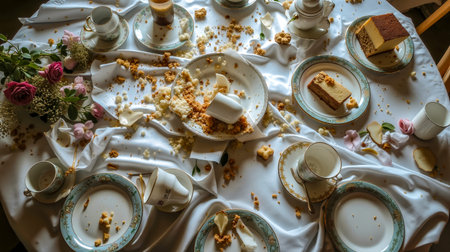 A table covered with a white tablecloth adorned with various pieces of cake and flowers and scattered with crumbsの素材