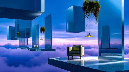 A surrealistic image of a floating chair in a room with mirrored walls and a hanging plant set against a purple skyの素材