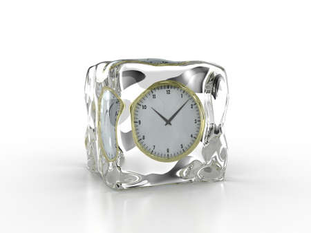 Frozen clock inside an ice cube on a white background