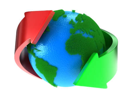 Planet Earth with green continents with arrows aroundの写真素材