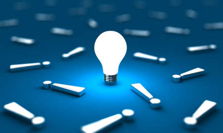 Many exclamation mark with one lightbulb on a blue backgroundの写真素材