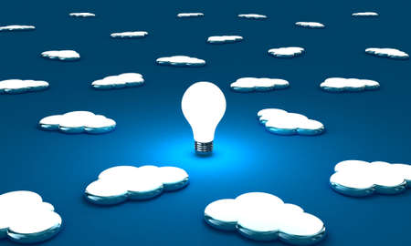 Many clouds with one lightbulb on a blue backgroundの写真素材