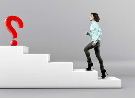 The girl rises upwards on a ladder to questionmarkの写真素材