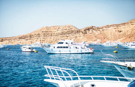 The beautiful white yachts stand on the seaのeditorial素材