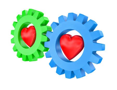 Illustration of two gears of different colour with hearts insideの写真素材