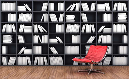 3d illustration of a bookcase with a armchair of red colourの写真素材