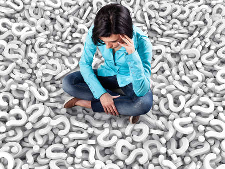3d illustration of girl sits among many white questionsの写真素材