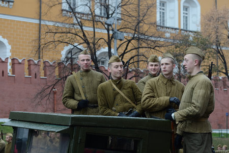 Russian soldiers prepare to parade in Red Square in Moscow.