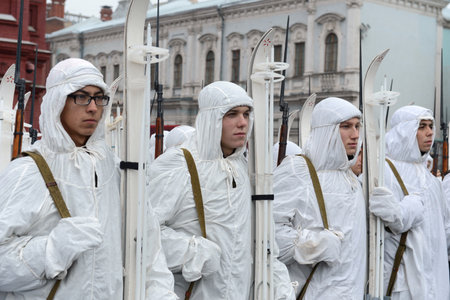 Russian soldiers in the form of the Great Patriotic War at the parade on Red Square in Moscow.