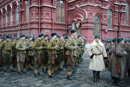 Russian soldiers in the form of the Great Patriotic War at the parade on Red Square in Moscow.