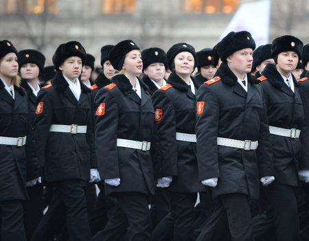 The cadets of the Moscow cadet corps on a parade dedicated to November 7, 1941 on Red Square in Moscow.のeditorial素材