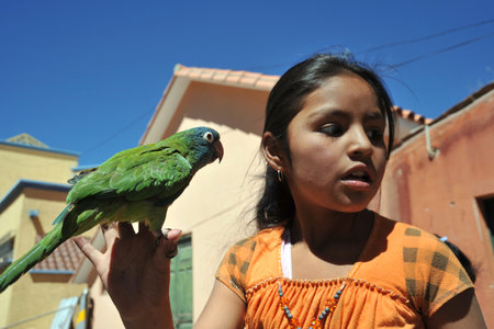 The unknown girl with the parrot on the streets of Potosi.のeditorial素材
