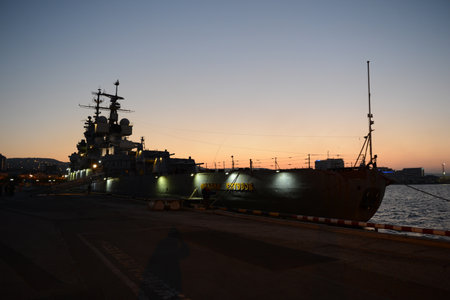 The cruiser "Mikhail Kutuzov" at the dock in Novorossiysk.のeditorial素材