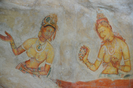 Sigiriya maiden 5th century frescoes at the ancient rock fortress of Sigiriya in Sri Lankaのeditorial素材
